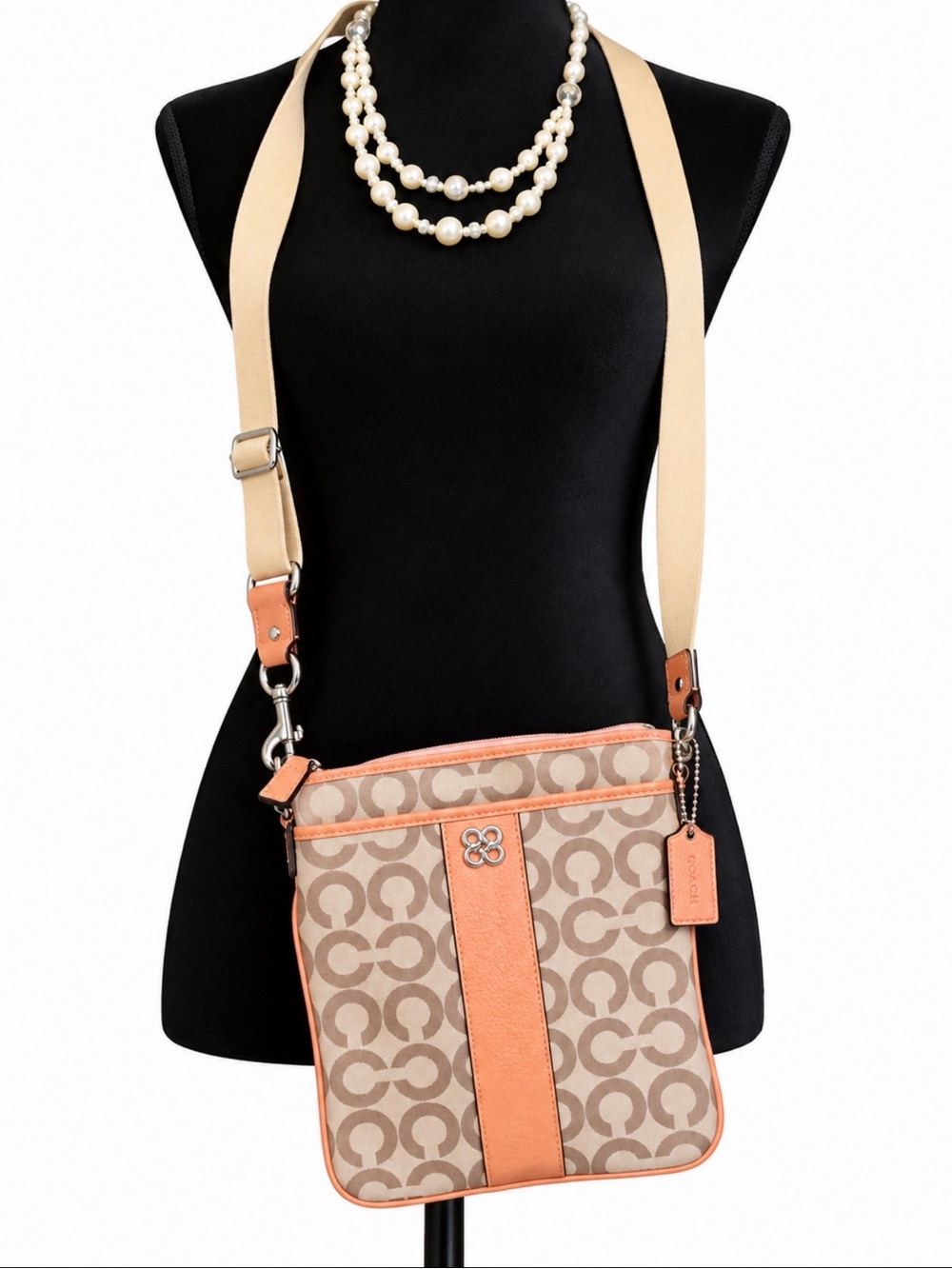Coach Beige Monogram Crossbody with Coral Trim